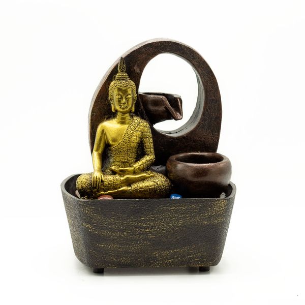 Fontaine d'Eau de Table - 21,5 cm - Bouddha Doré et Pots