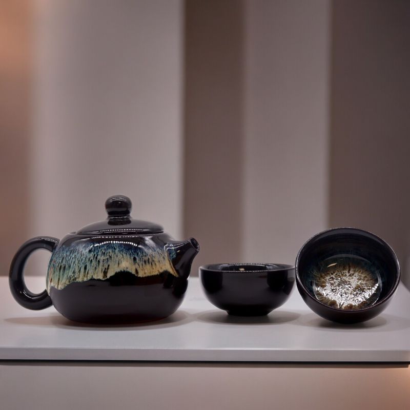 Ensemble de théière à base de plantes à glaçage noir - Pot et deux tasses