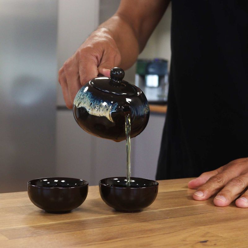 Ensemble de théière à base de plantes à glaçage noir - Pot et deux tasses