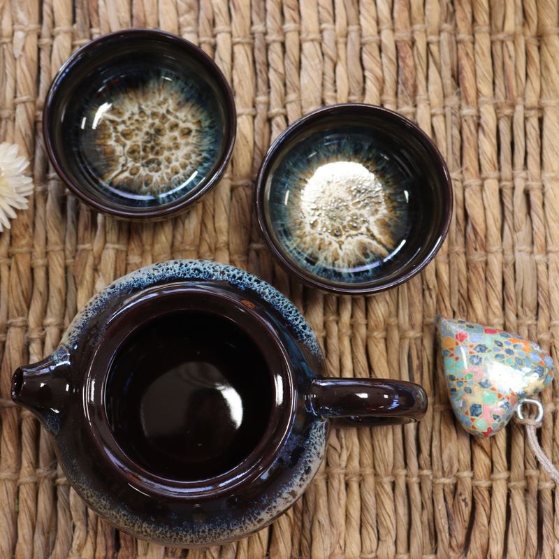 Ensemble de théière à base de plantes à glaçage noir - Pot et deux tasses