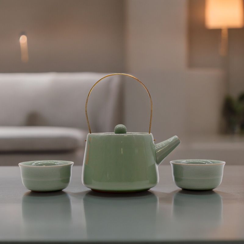 Ensemble de théière en jade aux herbes - Pot et deux tasses