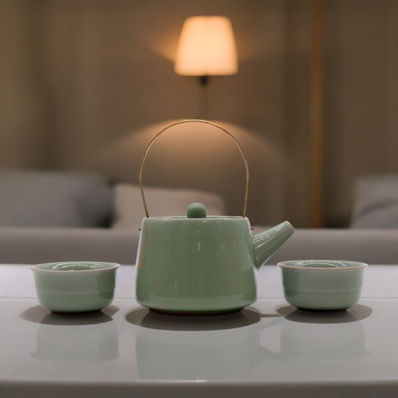 Ensemble de théière en jade aux herbes - Pot et deux tasses