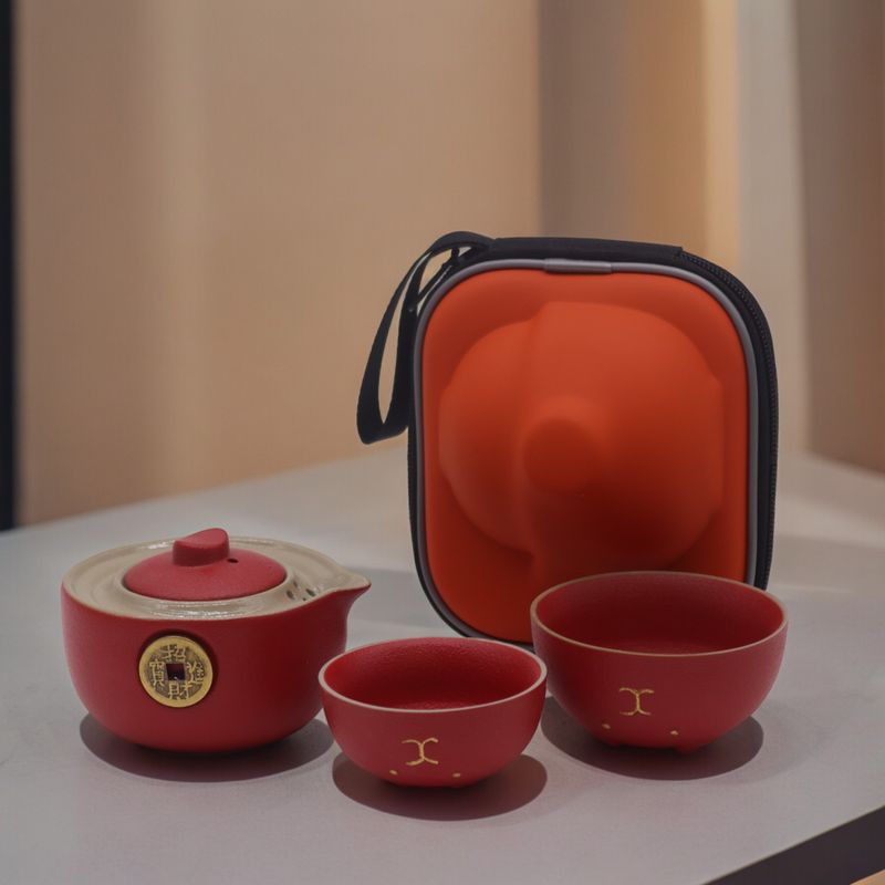 Ensemble de théière Money Cat - Deux tasses - Pack de voyage - Rouge