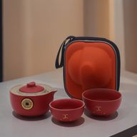 Ensemble de théière Money Cat - Deux tasses - Pack de voyage - Rouge