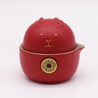 Ensemble de théière Money Cat - Deux tasses - Pack de voyage - Rouge