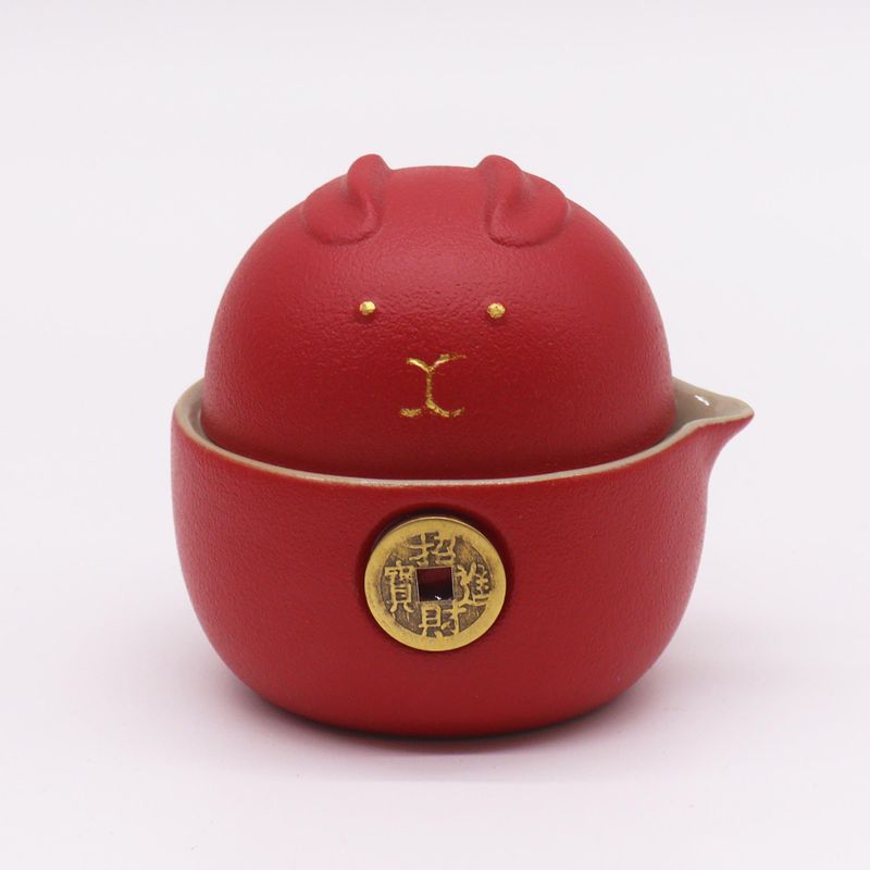 Ensemble de théière Money Cat - Deux tasses - Pack de voyage - Rouge