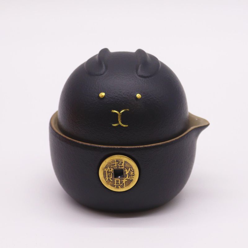 Ensemble de théière Money Cat - Deux tasses - Pack de voyage - Noir