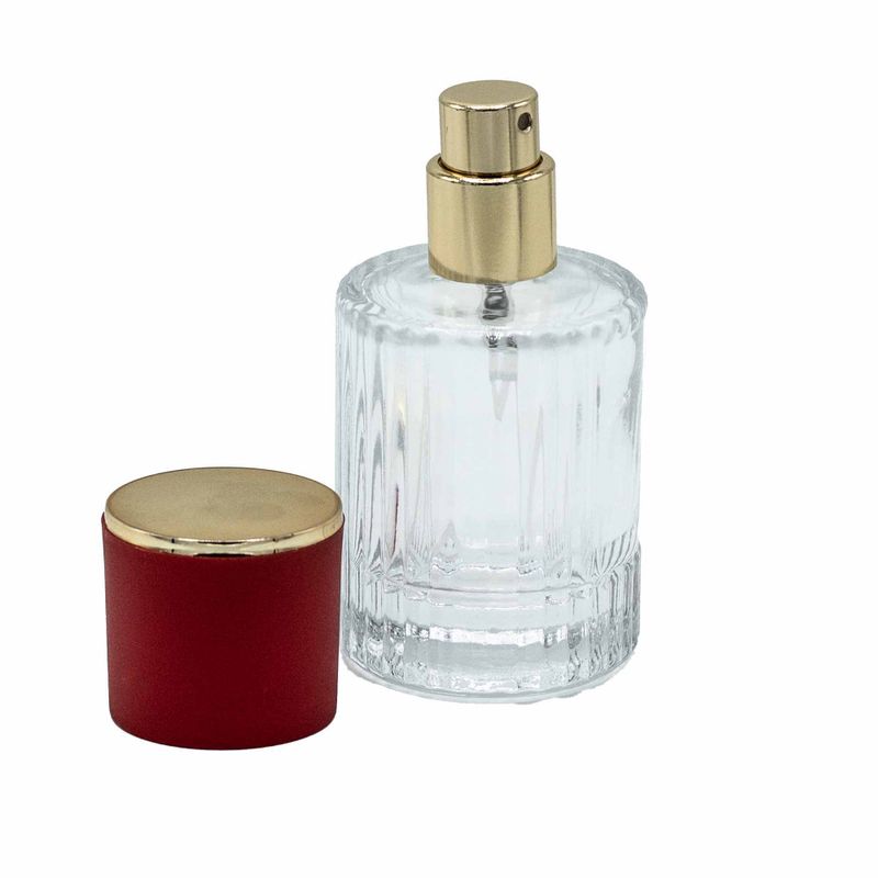 Rouge- Flacon rond nervuré de 30 ml, spray et bouchon