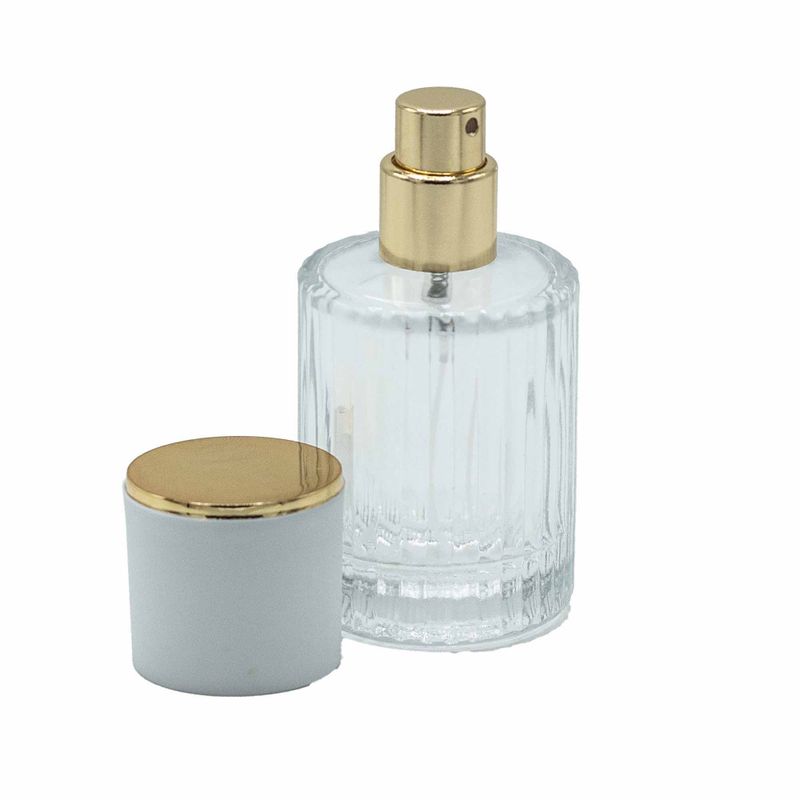 Blanc plat - Flacon rond nervuré de 30 ml, vaporisateur et bouchon
