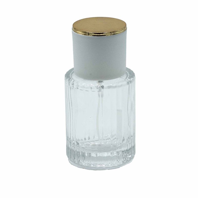 Blanc plat - Flacon rond nervuré de 30 ml, vaporisateur et bouchon
