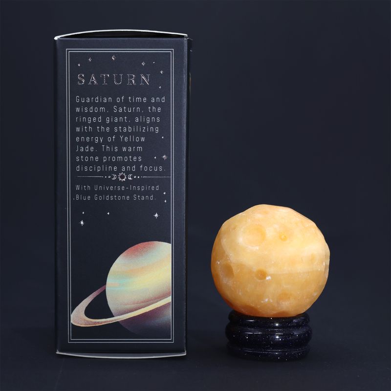 Planète en Jade Jaune socle Goldstone Pierre de soleil