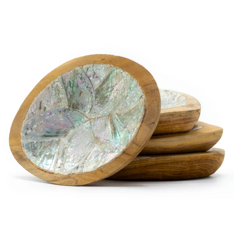 Lot de 4 Mini Bols en Teck avec Décor Coquillage (Assorti)