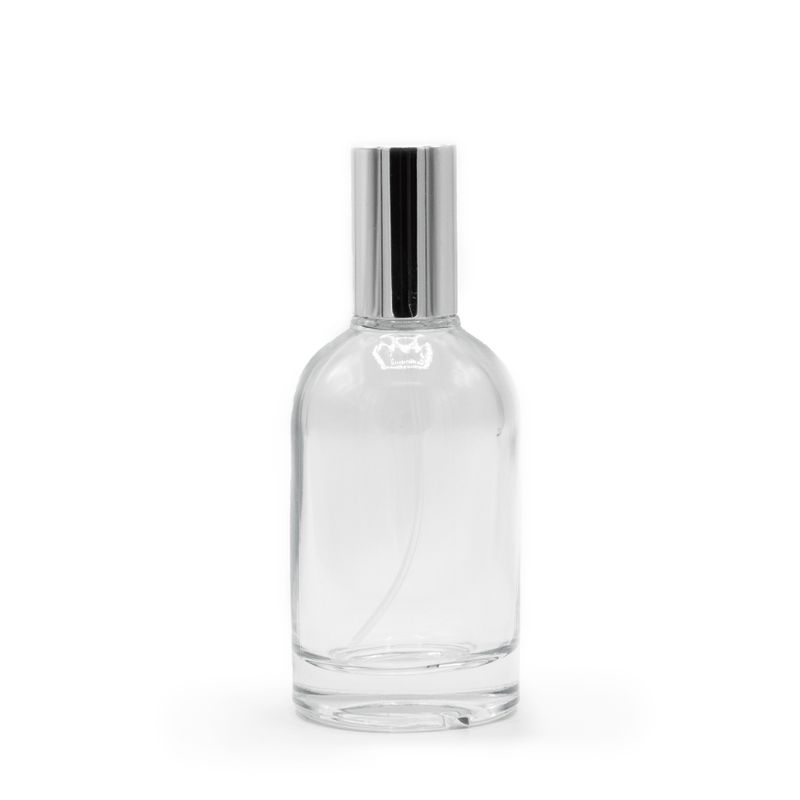 Flacon rond épais de 50 ml, vaporisateur et bouchon argentés