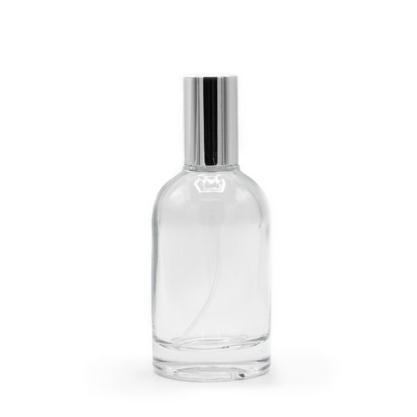 Flacon rond épais de 50 ml, vaporisateur et bouchon argentés