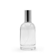 Flacon rond épais de 50 ml, vaporisateur et bouchon argentés