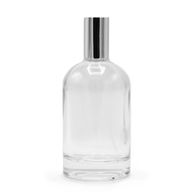 Flacon rond épais de 100 ml, vaporisateur et bouchon argentés