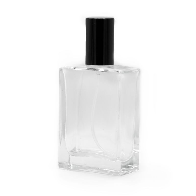 Flacon épais carré de 50 ml, vaporisateur et bouchon noirs