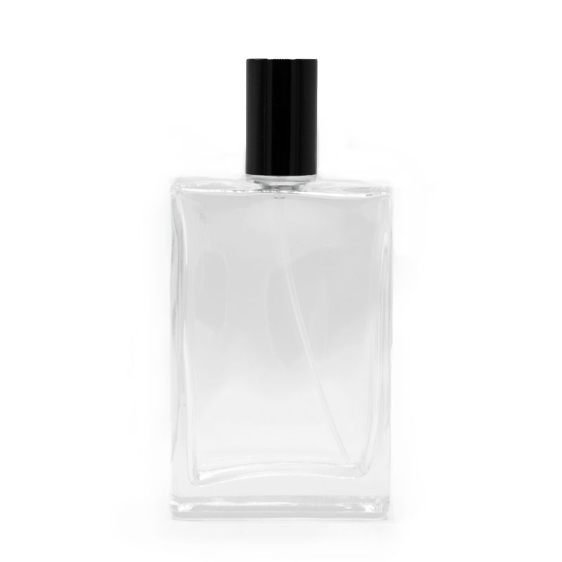Flacon épais carré de 100 ml, vaporisateur et bouchon noirs
