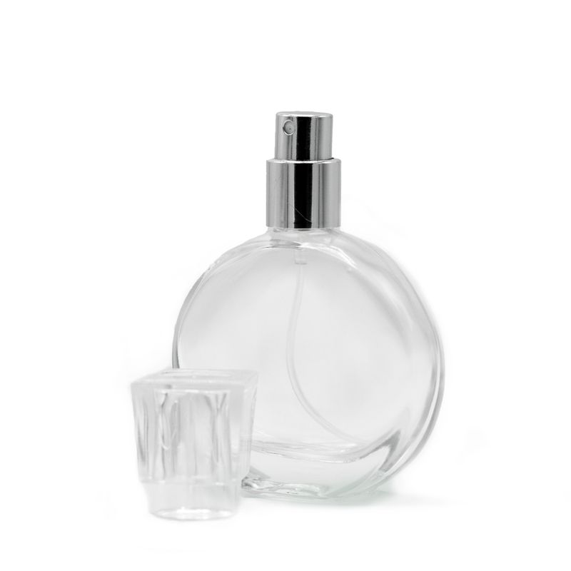 Flacon ovale de 30 ml, spray argenté et bouchon en cristal