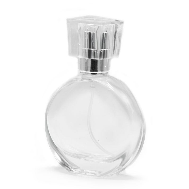 Flacon ovale de 50 ml, spray argenté et bouchon en cristal