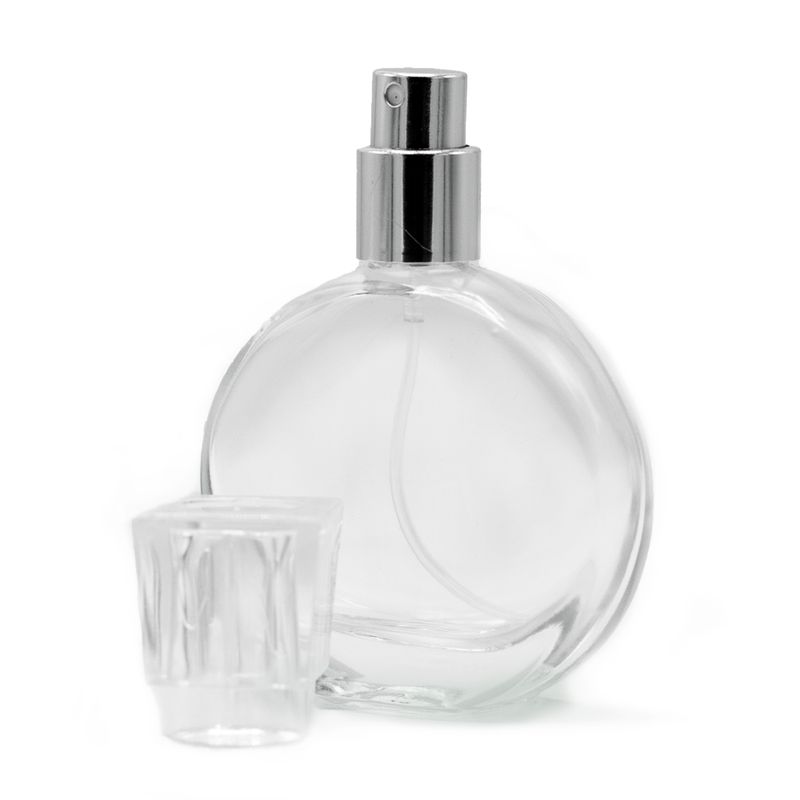 Flacon ovale de 50 ml, spray argenté et bouchon en cristal