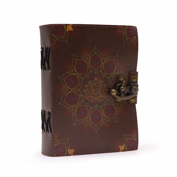 Carnet de notes en cuir à bords frangés motif lotus mandala (12.5cmX17.5cm)