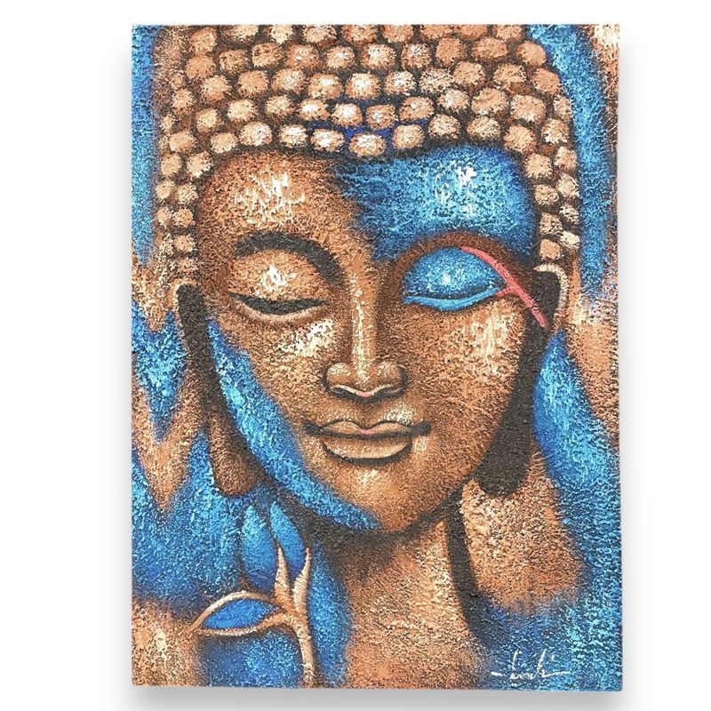 Peinture Bouddha - Bronze et Fleur Bleue
