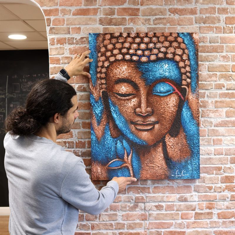 Peinture Bouddha - Bronze et Fleur Bleue