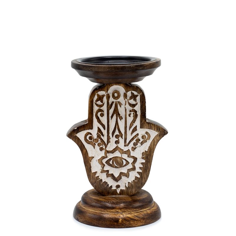 Support de bougie en bois de mangue - Hamsa - Petit 18x11cm