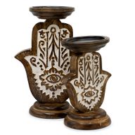 Support de bougie en bois de mangue - Hamsa - Grand 25x18cm