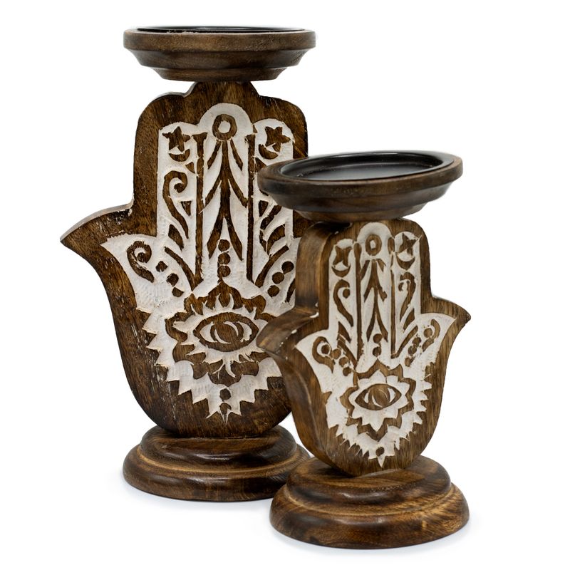 Support de bougie en bois de mangue - Hamsa - Grand 25x18cm