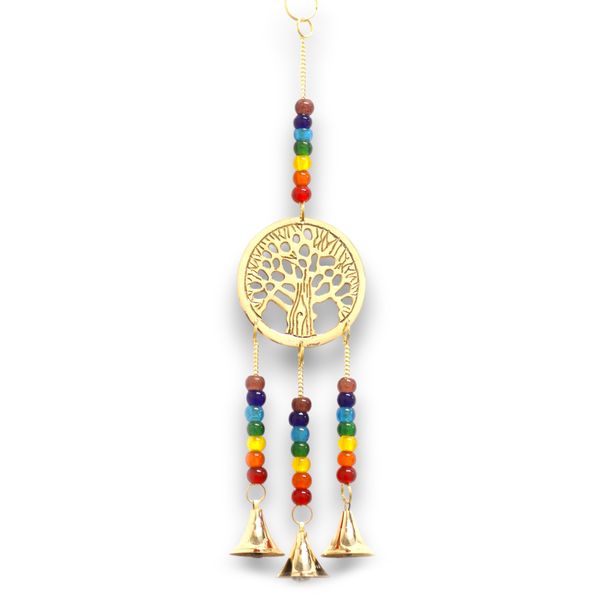 Carillons Indiens - Arbre de Vie en Laiton avec Perles Chakra - 3 Clochettes - 6.5x31 cm