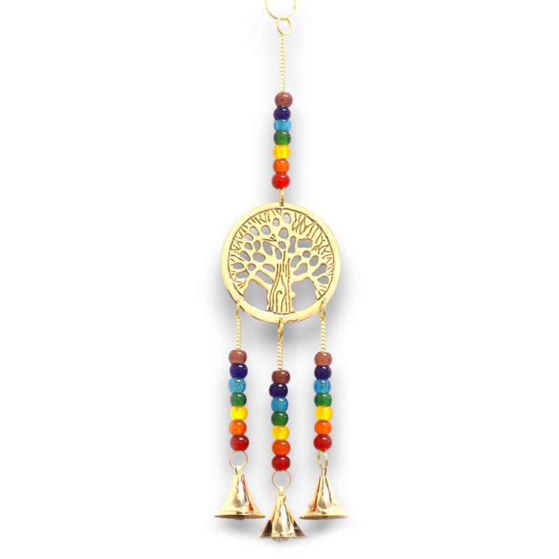 Carillons Indiens - Arbre de Vie en Laiton avec Perles Chakra - 3 Clochettes - 6.5x31 cm