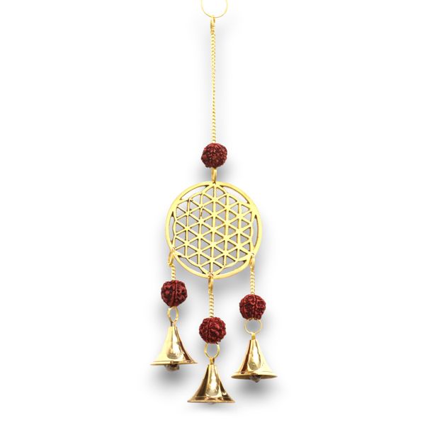 Carillons Indiens - Fleur de Vie en Laiton avec Perles Rudraksha - 3 Clochettes - 6x27 cm