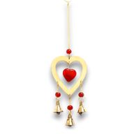 Carillons Indiens - Laiton avec Perles en Verre Rubis en Forme de Cœur - 3 Clochettes - 6.5x24 cm