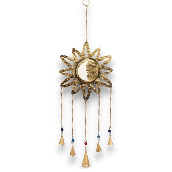 Carillons indiens - Soleil et lune miroir petit 5 cloches - 12x65 cm