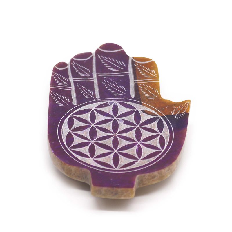 Porte-encens en pierre à savon Hamsa moyen 13x9 cm - Fleur de Vie
