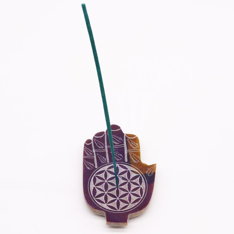 Porte-encens en pierre à savon Hamsa moyen 13x9 cm - Fleur de Vie
