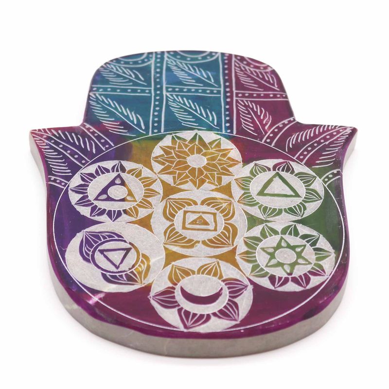 Porte-encens en pierre à savon Hamsa grand 18x15x1,2 cm - 7 Chakras