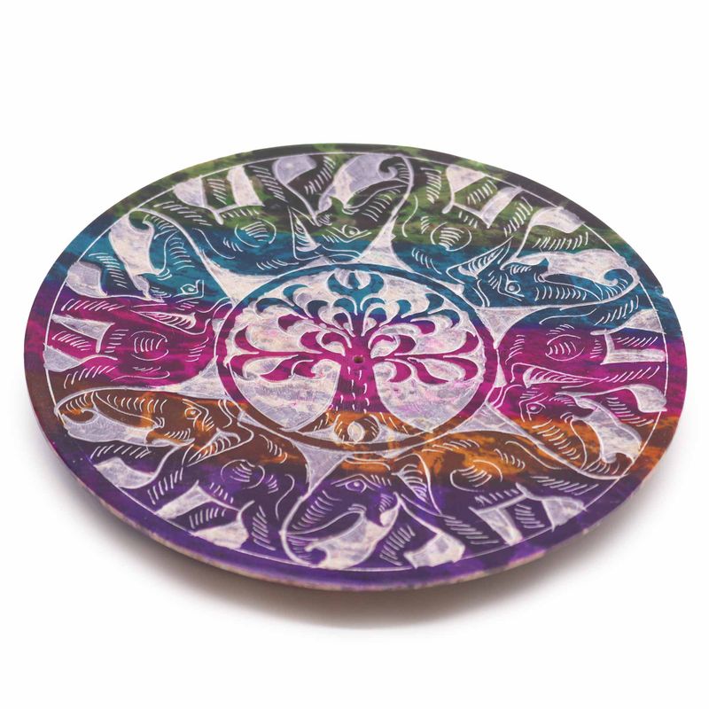 Porte-encens en pierre à savon Disque 12 cm - 6 Éléphants Porte-bonheur