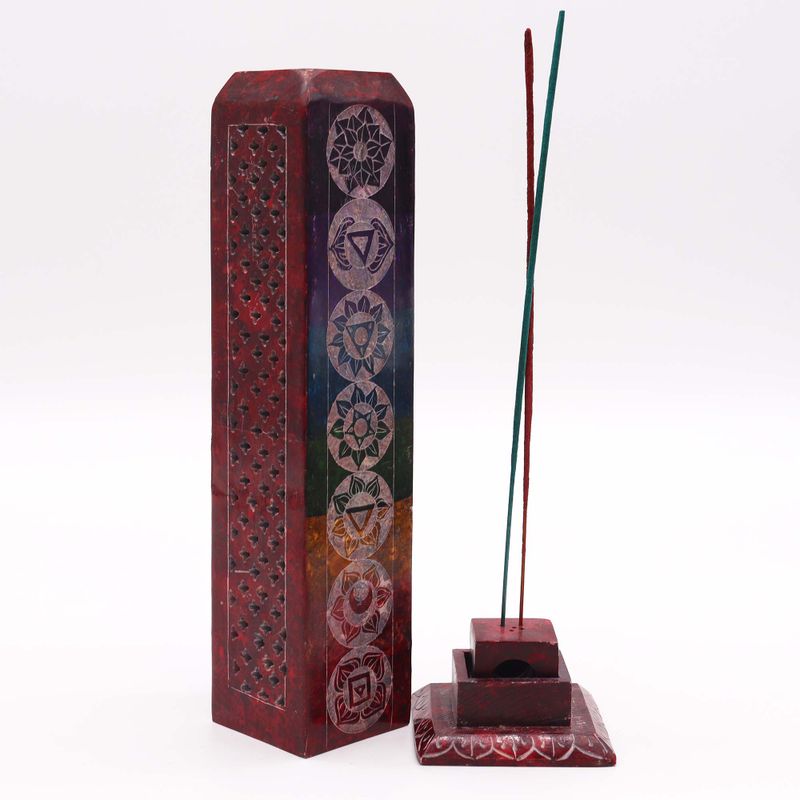 Porte-encens en pierre à savon Tour Carrée 25 cm - 7 Chakras