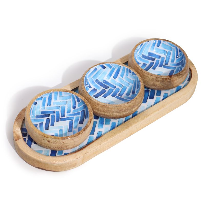 Plateau en bois de mangue avec 3 bols - Rayures bleues