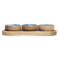 Plateau en bois de mangue avec 3 bols - Rayures bleues