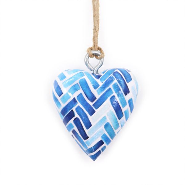 Petits cœurs décoratifs en bois - Rayures bleues (24)