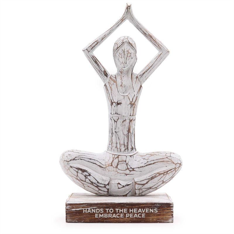 Dame de Yoga en Bois - Blanchi - Pose Mains Levées - "Mains vers le Ciel, Embrasse la Paix"