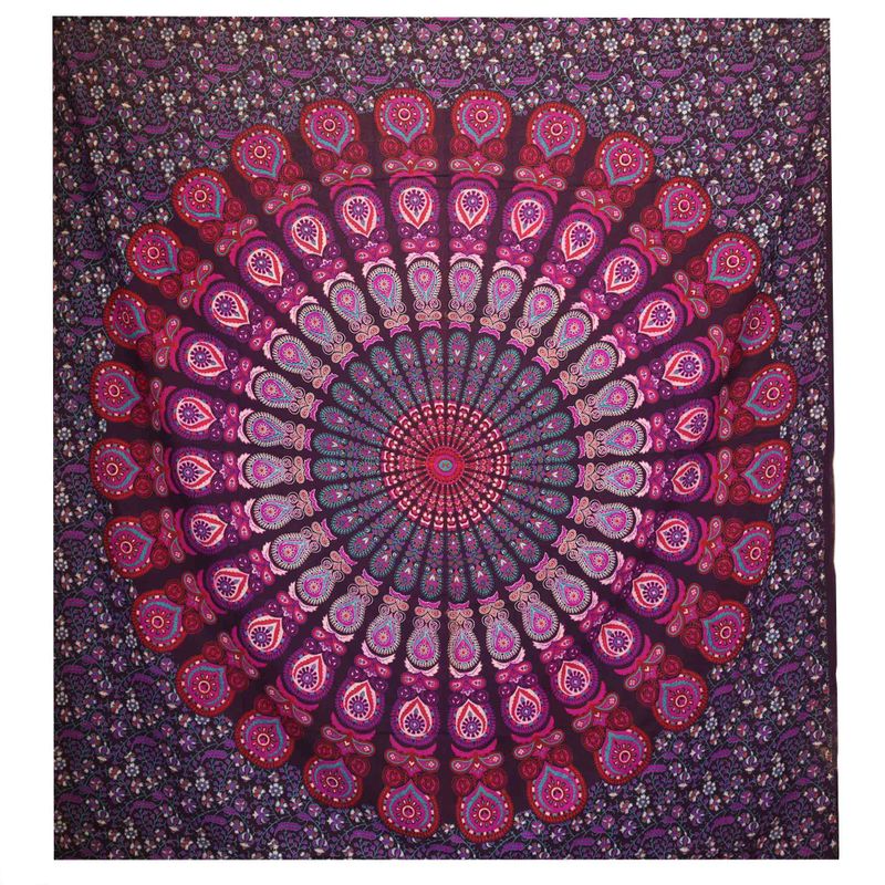 Couvre-lit en coton double + tenture murale - Mandala Paon - Violet