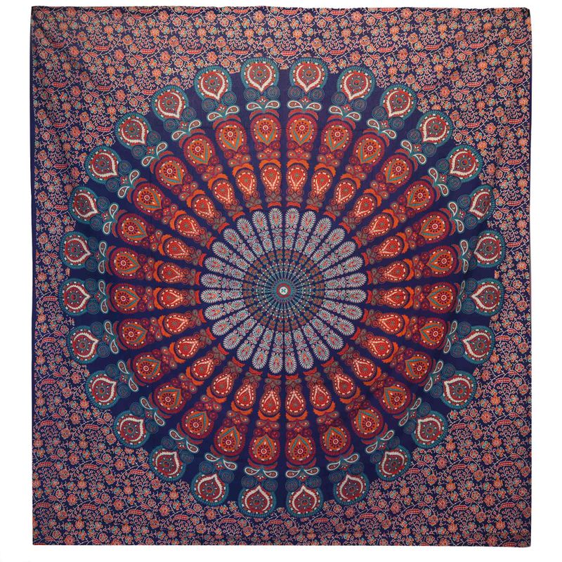 Couvre-lit en coton double + tenture murale - Mandala Paon - Bleu