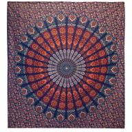 Couvre-lit en coton double + tenture murale - Mandala Paon - Bleu