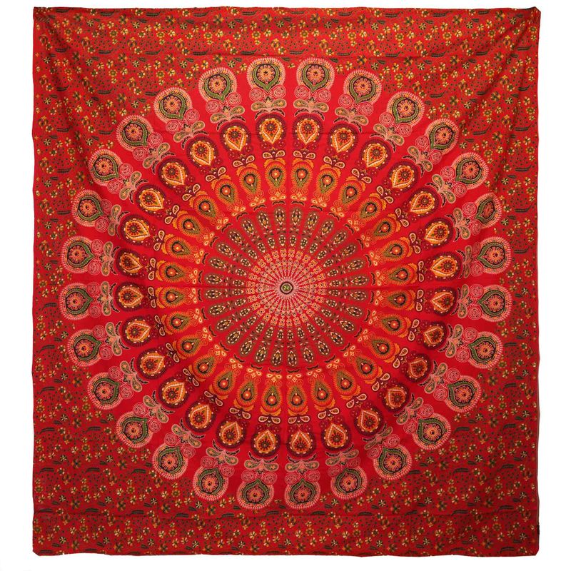 Couvre-lit en coton double + tenture murale - Mandala Paon - Rouge