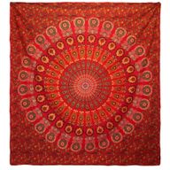 Couvre-lit en coton double + tenture murale - Mandala Paon - Rouge
